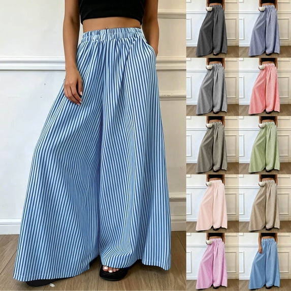 GUACER Striped Wide-Leg Pants for Women Trendy Elastic High-Waisted Casual Loose Fit Trousers
