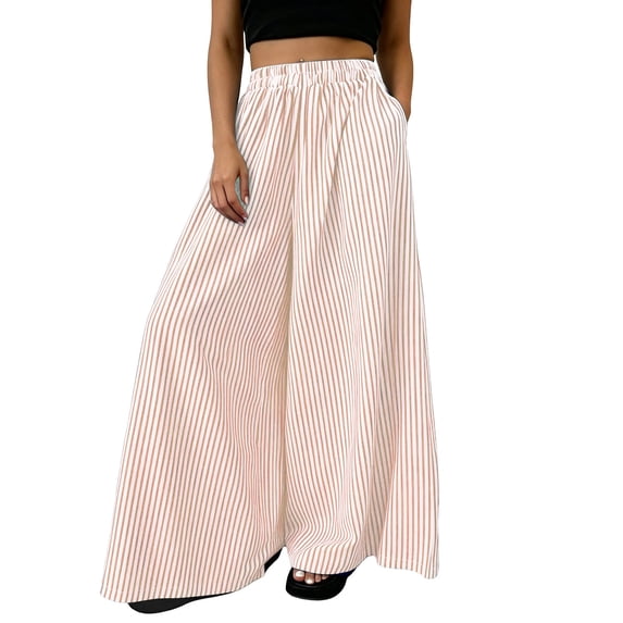 GUACER Striped Wide-Leg Pants for Women Trendy Elastic High-Waisted Casual Loose Fit Trousers