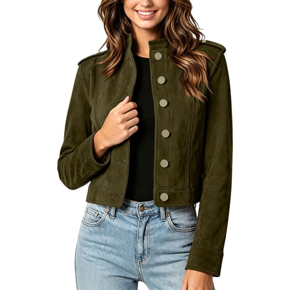 GUACER Suede Jackets for Women Trendy Vintage Button Down Stand Collar Structured Shoulders Casual Fall Outerwear