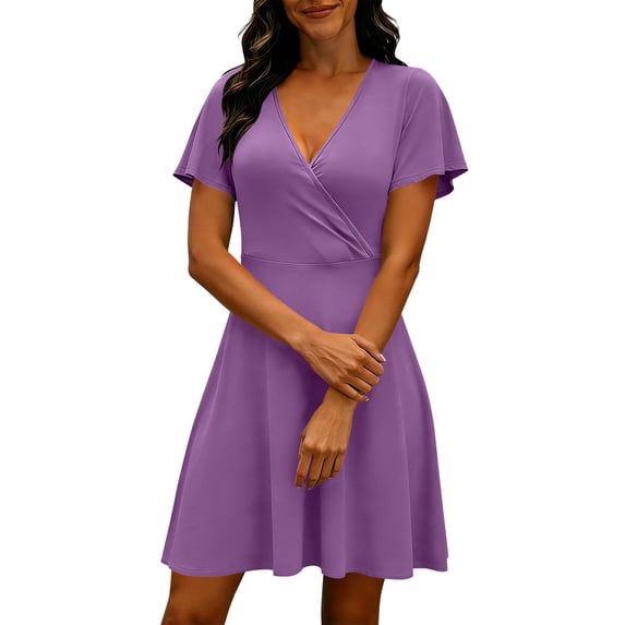 GUACER Summer Dresses for Women A-Line V Neck Ruffle Sleeve Wrap Midi Dress Casual Loose Fit Sundress