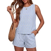 GUACER Summer Sets for Women Sleeveless Gingham Top and Drawstring Shorts 2 Piece Sets Casual Clothes