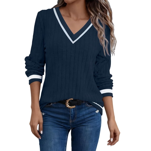 GUACER Sweaters for Women Trendy Contrast Trim V-Neck Lightweight Ribbed Knit Casual Fall Long Sleeve Pullover Tops