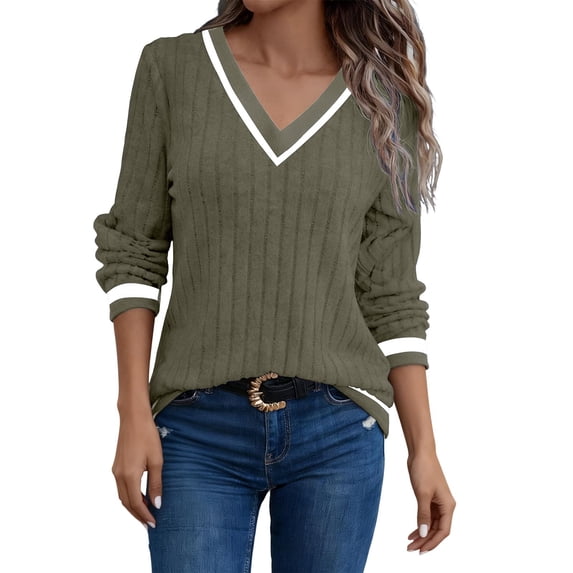 GUACER Sweaters for Women Trendy Contrast Trim V-Neck Lightweight Ribbed Knit Casual Fall Long Sleeve Pullover Tops