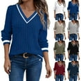thumbnail image 1 of GUACER Sweaters for Women Trendy Contrast Trim V-Neck Lightweight Ribbed Knit Casual Fall Long Sleeve Pullover Tops, 1 of 7