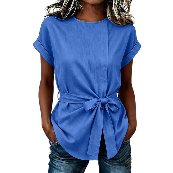 GUACER Tie Waist Blouses for Women Short Sleeve Crewneck Work Shirts Casual Belted Peplum Tops for Summer Office