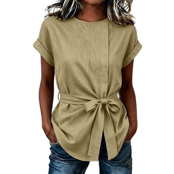 GUACER Tie Waist Blouses for Women Short Sleeve Crewneck Work Shirts Casual Belted Peplum Tops for Summer Office