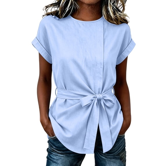 GUACER Tie Waist Blouses for Women Short Sleeve Crewneck Work Shirts Casual Belted Peplum Tops for Summer Office