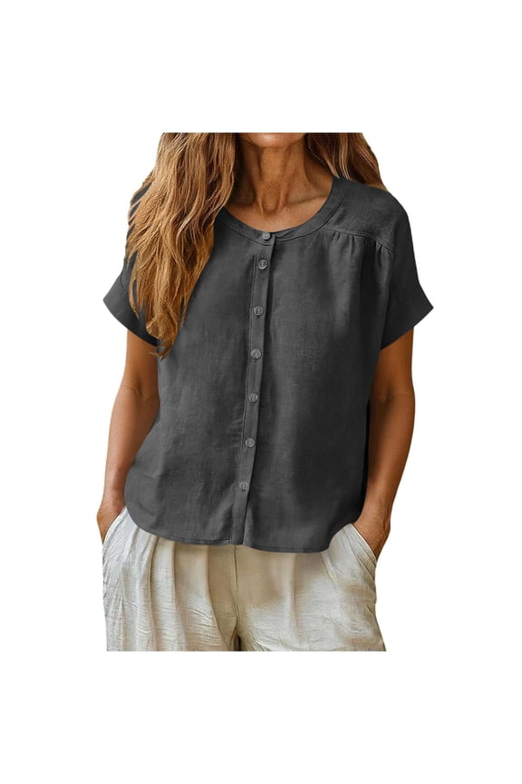 Tops for Women Short Sleeve Cotton Linen Button Front Shirts Casual Crewneck Relaxed Fit Summer Blouses