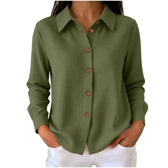 GUACER Tops for Women Waffle Knit Long Sleeve Button Down Collared Button-Down Shirts