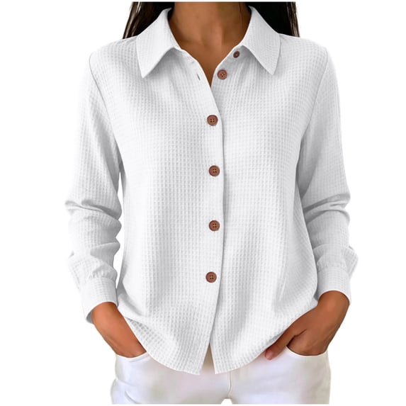 GUACER Tops for Women Waffle Knit Long Sleeve Button Down Collared Button-Down Shirts