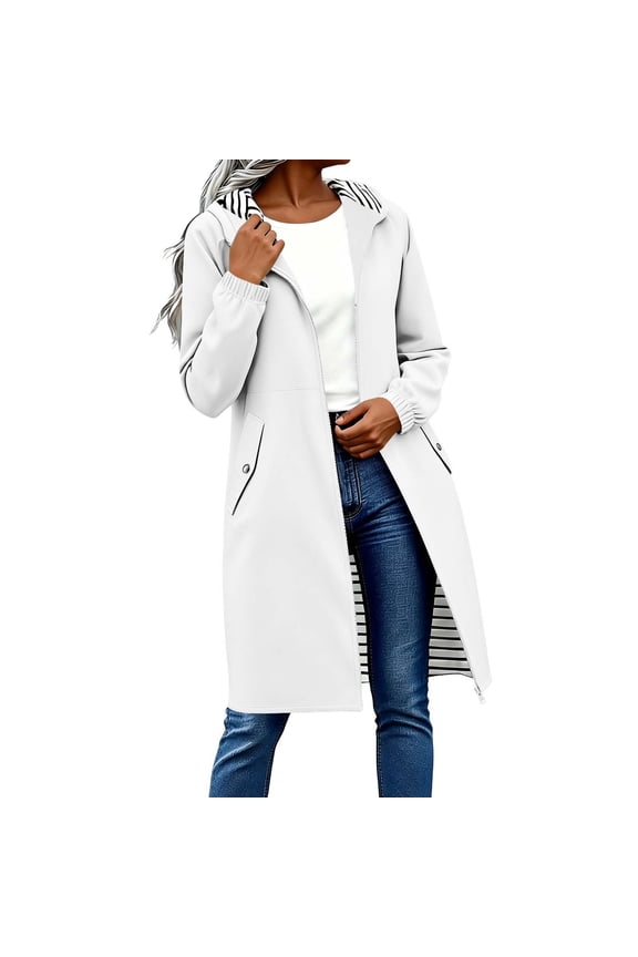 Trench Coats for Women Long Hooded Lightweight Zip-Up Windbreaker Jacket with Striped Lining