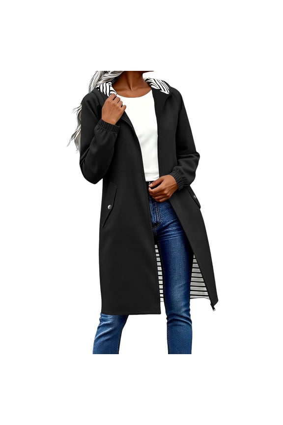 Trench Coats for Women Long Hooded Lightweight Zip-Up Windbreaker Jacket with Striped Lining