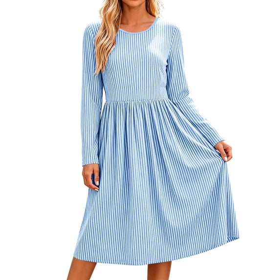 GUACER Trendy Striped Dresses for Women Crewneck Long Sleeve Loose Casual Midi Dresses with Pockets for Everyday Wear