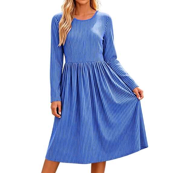 GUACER Trendy Striped Dresses for Women Crewneck Long Sleeve Loose Casual Midi Dresses with Pockets for Everyday Wear