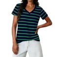 thumbnail image 1 of GUACER Trendy Womens T Shirts Striped Color Block V Neck Loose Lightweight Short Sleeve Blouses, 1 of 8