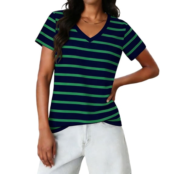GUACER Trendy Womens T Shirts Striped Color Block V Neck Loose Lightweight Short Sleeve Blouses