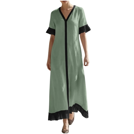 GUACER V-Neck Maxi Dress for Women Cotton Linen Casual Short Sleeve Contrast Trim Boho Long Dresses with Ruffle Hem