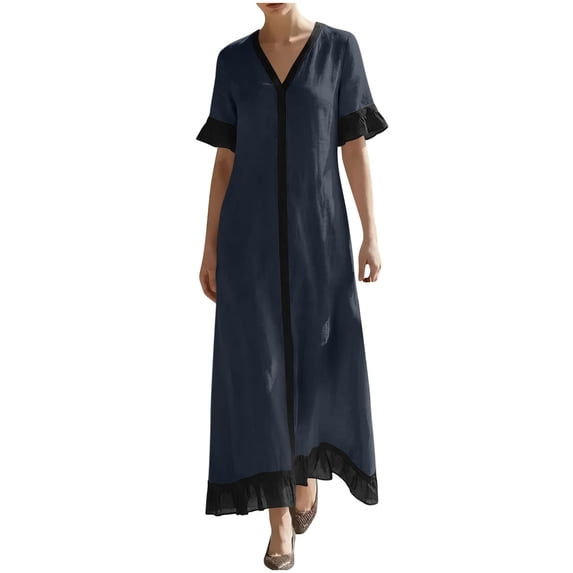 GUACER V-Neck Maxi Dress for Women Cotton Linen Casual Short Sleeve Contrast Trim Boho Long Dresses with Ruffle Hem