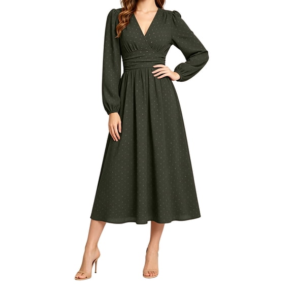 GUACER V Neck Midi Dresses for Women Long Sleeve Puff Sleeve Wrap Waist A-Line Polka Dot Elegant Dresses for Wedding Guest Fall