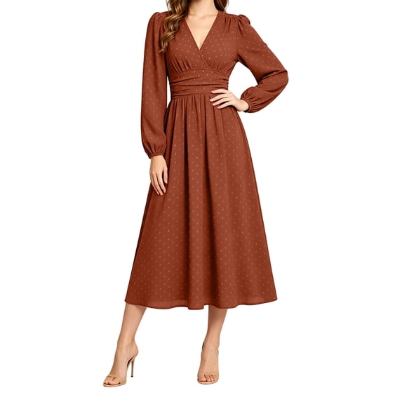 GUACER V Neck Midi Dresses for Women Long Sleeve Puff Sleeve Wrap Waist A-Line Polka Dot Elegant Dresses for Wedding Guest Fall