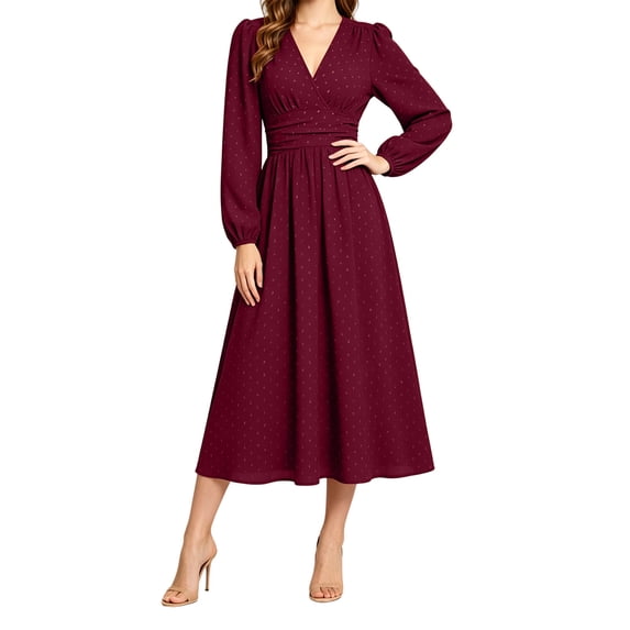 GUACER V Neck Midi Dresses for Women Long Sleeve Puff Sleeve Wrap Waist A-Line Polka Dot Elegant Dresses for Wedding Guest Fall