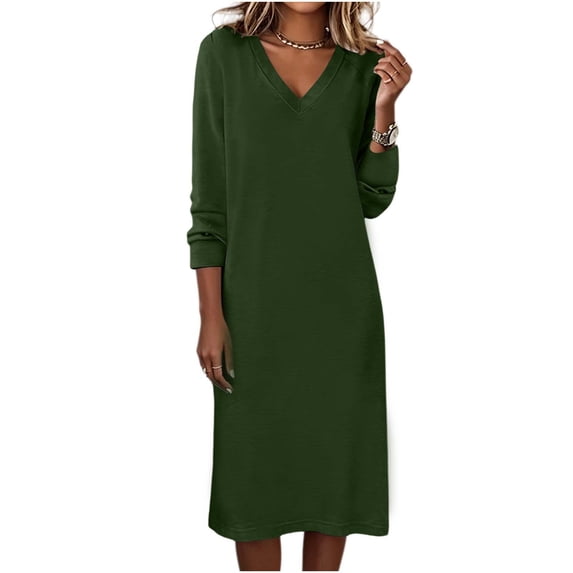 GUACER V Neck Midi Dresses for Women Solid Long Sleeve Soft Casual Slim Fit Dresses for Fall Winter Lounge Wedding Guest Gift