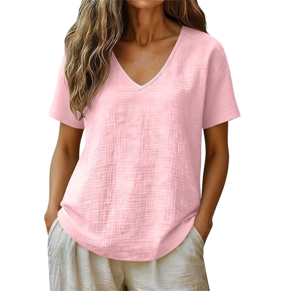 GUACER V Neck T Shirts for Women Casual Short Sleeve Tops Textured Cotton Linen Loose Basic Summer Tees Flowy Blouses