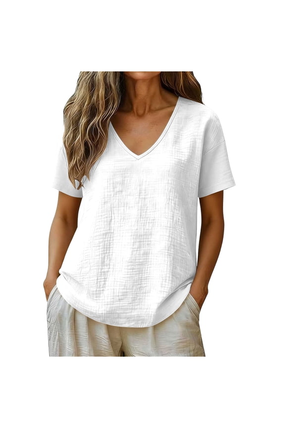 V Neck T Shirts for Women Casual Short Sleeve Tops Textured Cotton Linen Loose Basic Summer Tees Flowy Blouses