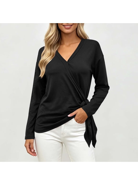 V-Neck Wrap Long Sleeve Tops for Women Solid Side Tie Waist Blouses Elegant Pullover Casual Fall Winter Shirts