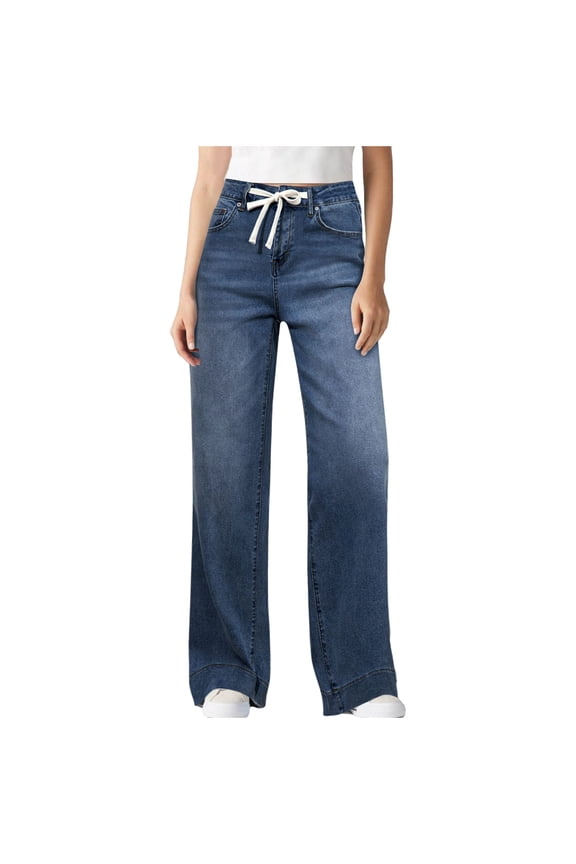 Wide Leg Jeans for Women Straight Leg High Waisted Drawstring Stretchy Denim Pants