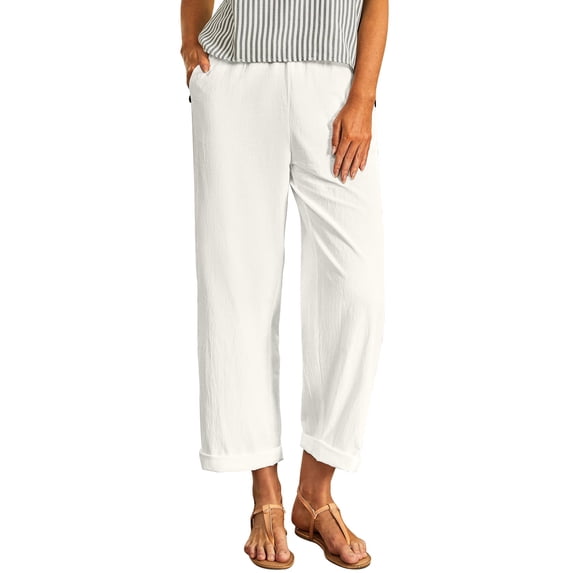 GUACER Wide Leg Pants for Women Elastic Waist Cotton Linen with Pockets Casual Straight Leg Pants