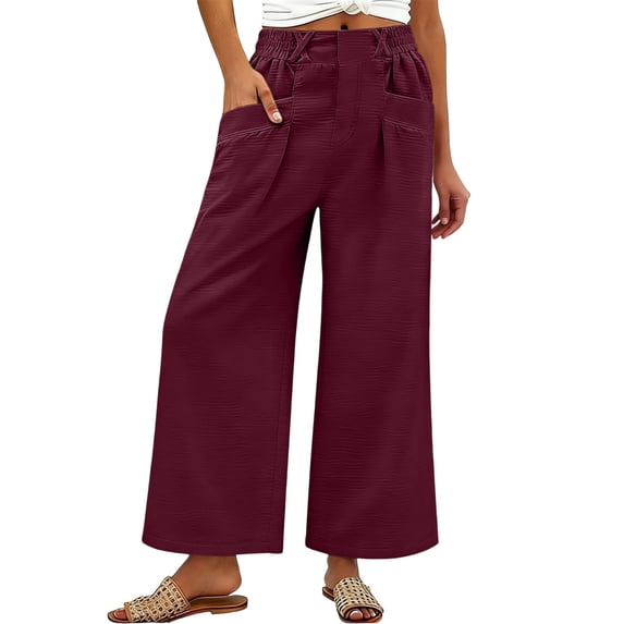 GUACER Wide Leg Pants for Women Elastic Waist Pleated Textured Trousers with Pockets Casual Loose Fit Pants