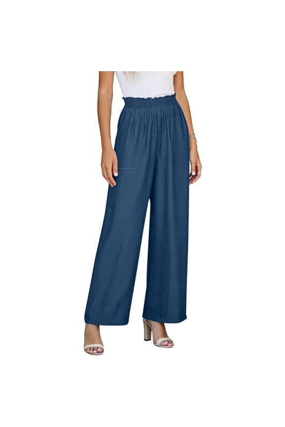 Wide Leg Pants for Women Smocked Ruffle Waist with Pockets Casual Summer Cotton Pants