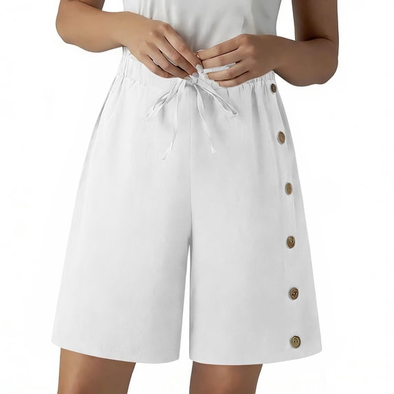 GUACER Wide Leg Shorts for Women Casual Elastic Waist Drawstring Side Button Fashion Bermuda Shorts