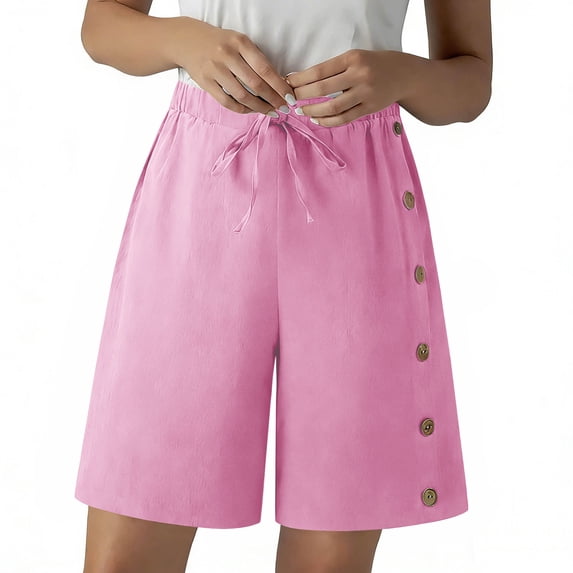 GUACER Wide Leg Shorts for Women Casual Elastic Waist Drawstring Side Button Fashion Bermuda Shorts