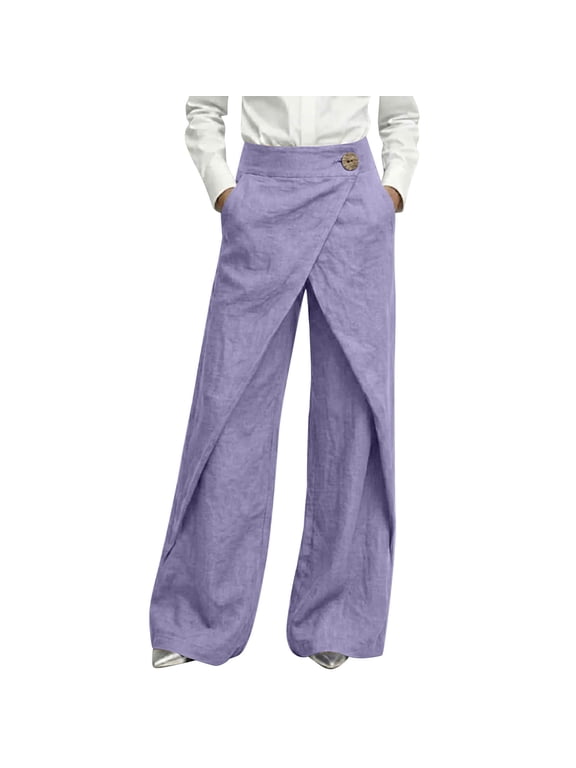 Wide Leg Trousers for Women High Waist Wrap Cotton Linen Cross Over Pants Button Casual Loose Fit Pants