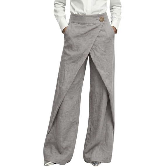 GUACER Wide Leg Trousers for Women High Waist Wrap Cotton Linen Cross Over Pants Button Casual Loose Fit Pants