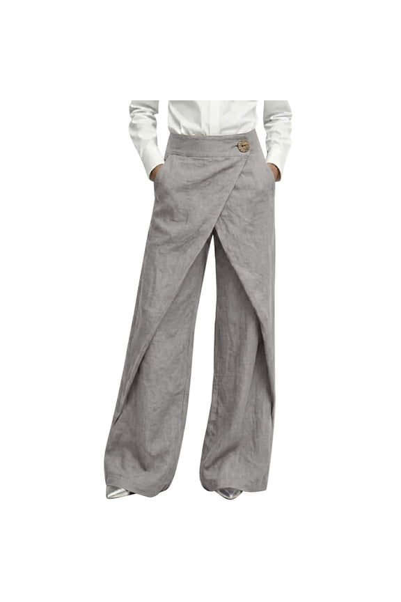 Wide Leg Trousers for Women High Waist Wrap Cotton Linen Cross Over Pants Button Casual Loose Fit Pants