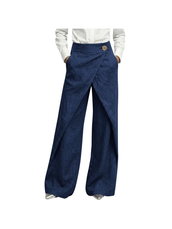 Wide Leg Trousers for Women High Waist Wrap Cotton Linen Cross Over Pants Button Casual Loose Fit Pants