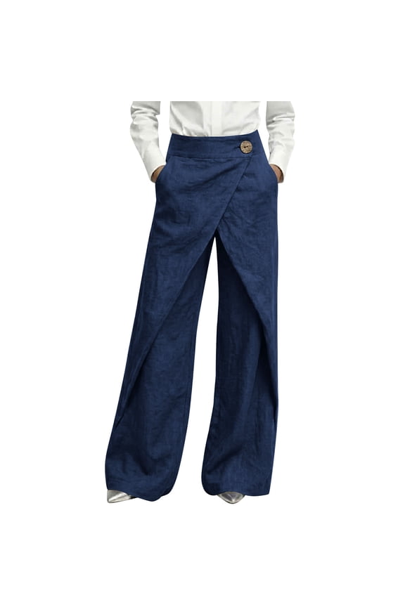 Wide Leg Trousers for Women High Waist Wrap Cotton Linen Cross Over Pants Button Casual Loose Fit Pants