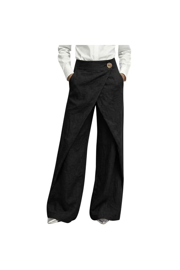 Wide Leg Trousers for Women High Waist Wrap Cotton Linen Cross Over Pants Button Casual Loose Fit Pants