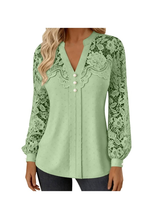 Women Long Sleeve Tops Fashion V Neck Lace Patch Peal Button Dot Boho Casual Breathable Shirts