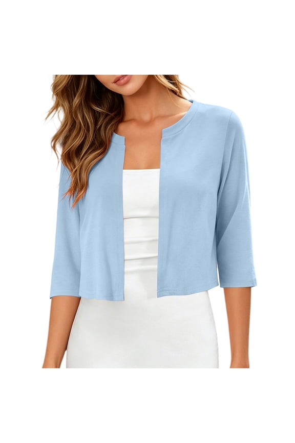 Women's 3/4 Sleeve Bolero Shrug, Open Front Collarless Cropped Cardigan for Wedding Guest, Bridal Party & Business Formal