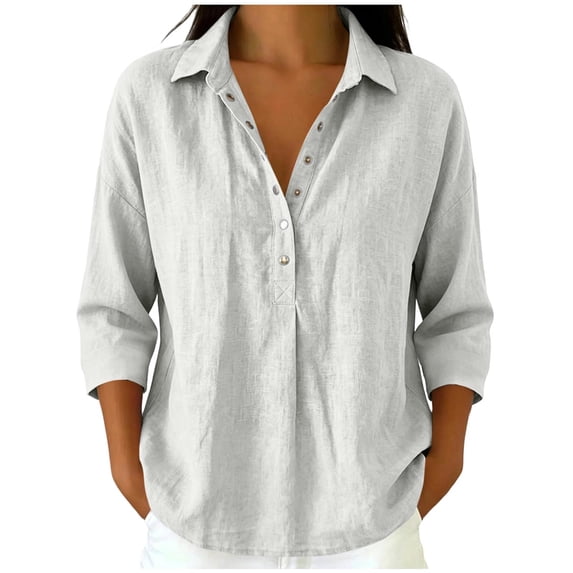 GUACER Women's 3/4 Sleeve Button-Down Shirts Oversized Cotton Linen Casual Solid V Neck Tops