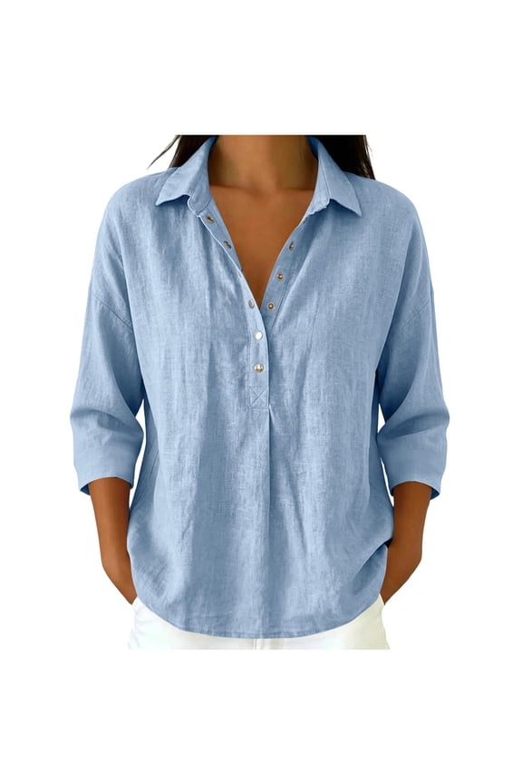Women's 3/4 Sleeve Button-Down Shirts Oversized Cotton Linen Casual Solid V Neck Tops