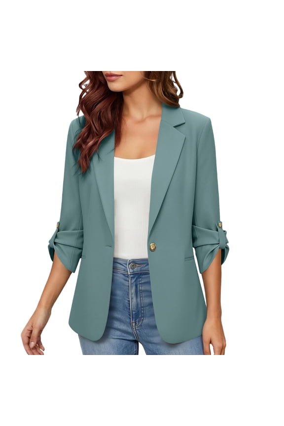 Women's 3/4 Sleeve Roll-Tab Blazers Casual Relaxed Fit Business Office Open Front Suit Jackets