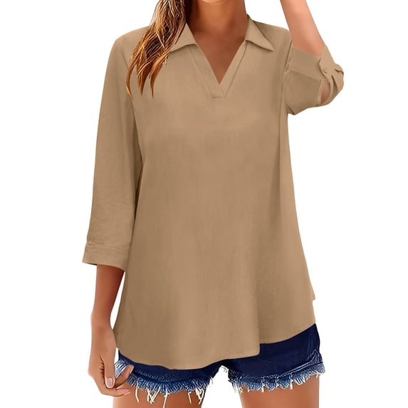 GUACER Women's 3/4 Sleeve Tops Casual Collared V Neck Blouses Loose Fit Cotton Linen Tunic Shirts for Ladies