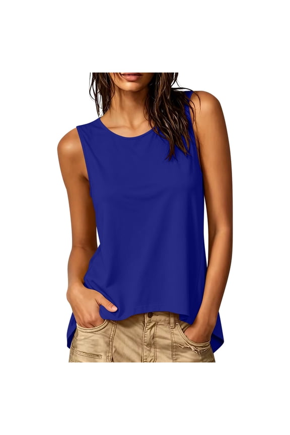 Women's Asymmetrical Cross-Back Tank Tops, Crewneck Sleeveless Trendy High-Low Hem Casual Blouses