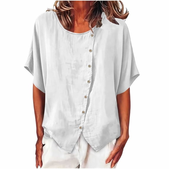 GUACER Women's Button-Down Tops Short Sleeve Casual Blouse Cotton Linen Trendy Loose Fit Shirts
