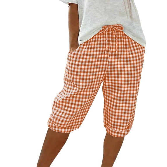 GUACER Women's Capris Fashion Gingham Drawstring Elastic Waisted with Pockets Breathable Relaxed Fit Casual Summer Shorts